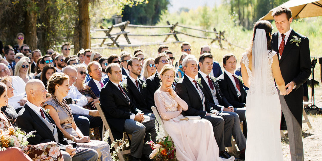 A view of the guests during a bride and groom wedding ceremony